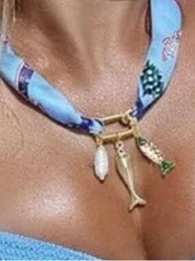 Silk Scarf Necklace with Gold Fish Charms